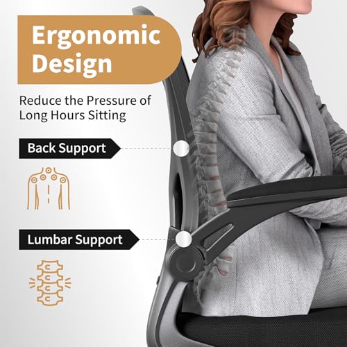 Image of Youhauchair Mesh Office Chair, Ergonomic Home Office Desk Chairs with Flip-up Arms and Lumbar Support, Height Adjustable, Black | Flip-up Arms, Lumbar Support, Home Desk Chair, Height Adjustable, Breathable, Mid Back Swivel Compurter Chair, Set of 1