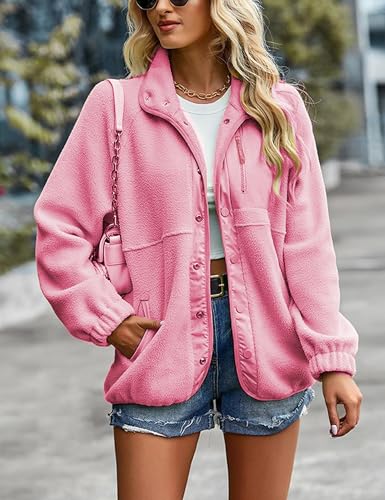 Vimyig Leichte Cropped-Fleece-Jacke für Damen, Winter, warme Sherpa-Jacke, Mantel, Oberbekleidung mit Taschen, Pink, S