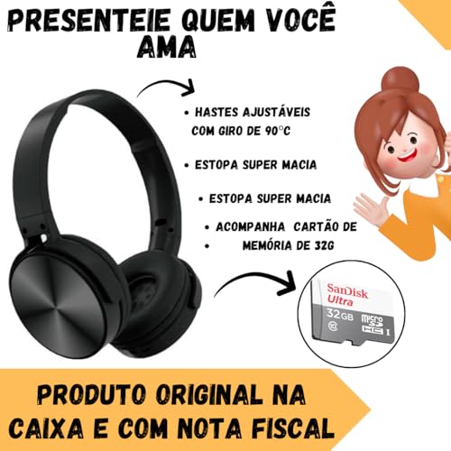 Fone de Ouvido abafador headSet Bluetooth, com Cartão de Memória de 32GB SanDisk, redução de ruídos,