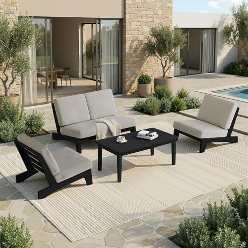 Image of Pia Ricoo 4 Piece Patio Furniture Sets, Outdoor Loveseat Sofa Set with 2 Chairs & Coffee Table, Patio Conversation Set for Backyard, Deck, Lawn, Light Camel, Dark Wood