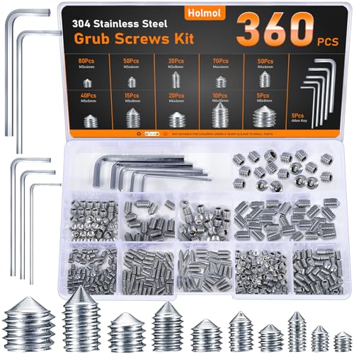 HOLMOL 360 Stück Kegelspitz Madenschrauben Set Edelstahl Innensechskant Gewindestifte mit 5 Stück Schraubenschlüssel M3/M4/M5/M6/M8 Madenschrauben Türklinke für Reparaturen