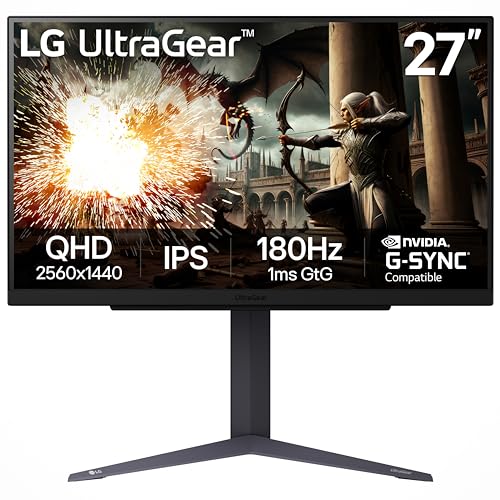 LG 27GS75Q-B 27-inch Ultragear QHD (2560×1440) Gaming Monitor, 180Hz (O/C 200Hz), 1ms, IPS, NVIDIA G-SYNC Compatible, AMD FreeSync, HDR10, Tilt/Height/Pivot Stand, HDMI, DisplayPort, Black