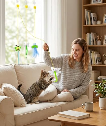 Image of 3PCS Interactive Cat Feather Toys, Indoor Hanging Retractable Cat Toy, Self Play Toys Make Fun Excecise