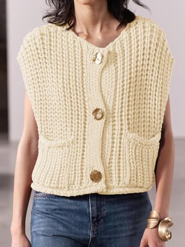 Saodimallsu Womens Sleeveless Cropped Sweater Vest Crochet Chunky Knit Button Down Cardigan Vests Tops with Pockets2