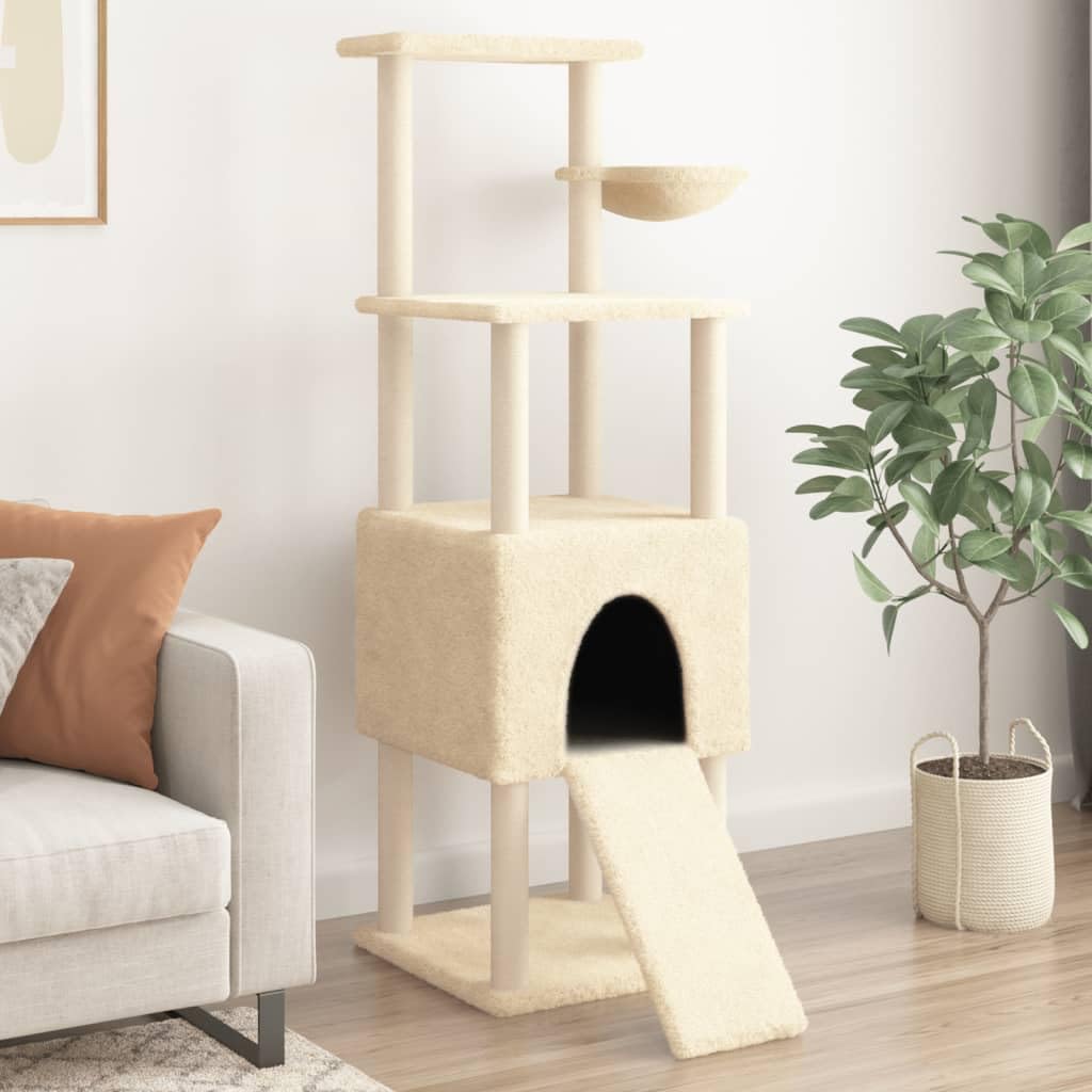 Kratzbaum Katze mit Sisal Säulen Creme 153 cm Kletterbaum Höhle Hängematte Liegemulde Plüsch Stamm Kratzbrett robust stabil platzsparend für Wohnung Balkon