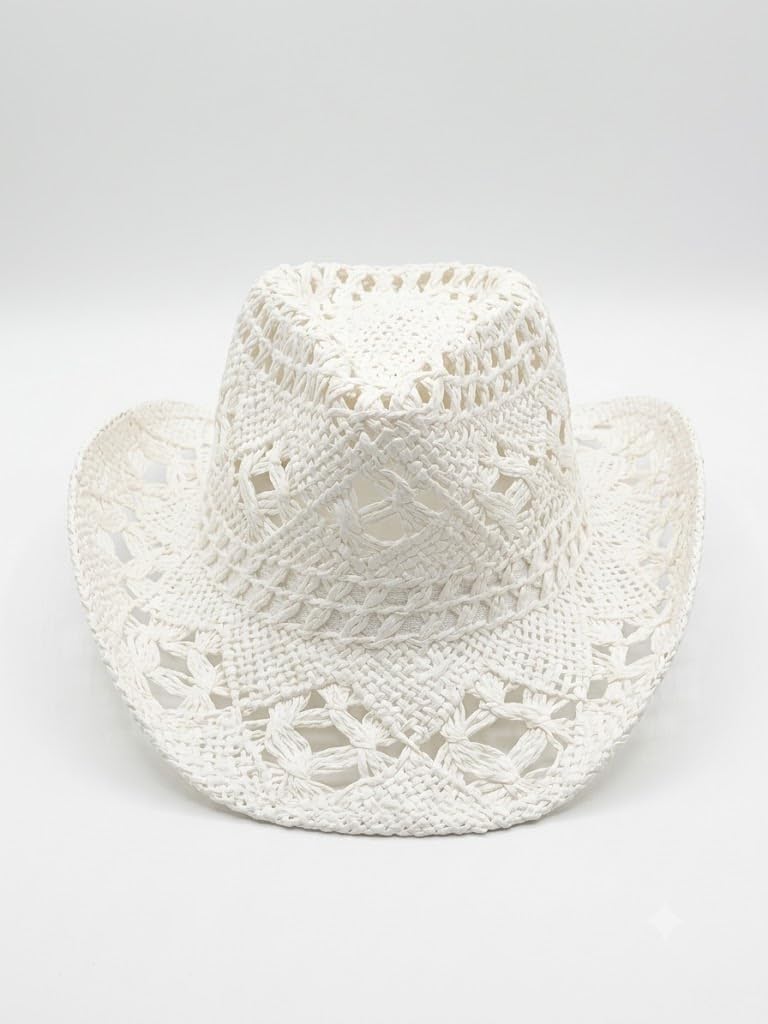 Cappello da Cowboy in Paglia Bianco Donna e Uomo - Cappello Western Estivo Traforato a Tesa Larga per Spiaggia e Viaggi V026