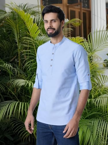 Image of See Designs Men's Roll-Up Sleeve Mandarin Collar Deluxe Cotton Solid Short Kurta (Pack of 2) - Festive Collection