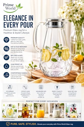 Image of PrimeWorld 1 Pc Premium Juice and Water Glass Pitcher jug with Wooden Lid and 1.1 Liter Jug Romantic Style Water jug with Handle hot Cold Water, Milk and Juice Beverage Carafes