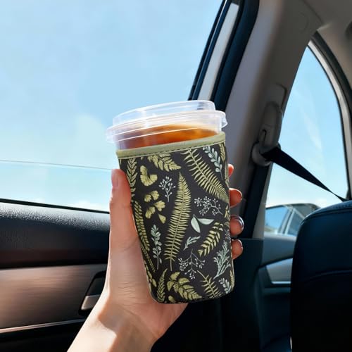 Image of Reusable Insulated Sleeve for Iced Coffee Cup, 3-Pack Coffee Neoprene Drink Sleeve for Cold & Hot Drinks, Beverage Holder for Iced Coffee (Earthy Ferns)