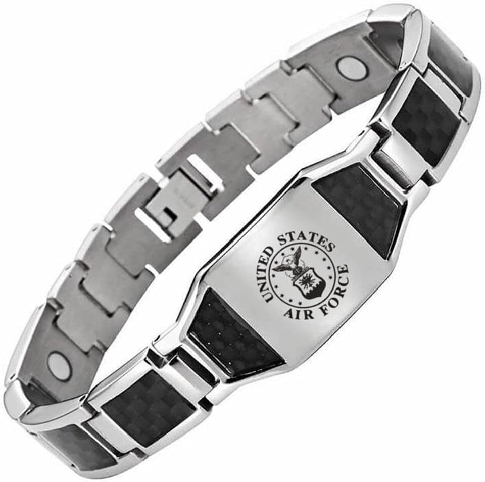 LiFashion US Military Bracelet for Men Stainless Steel Armed Forces Military Gifts U.S. Army Navy Marine Corps Air-force Policeman Link Bracelets with Carbon Fiber Jewelry for Dad,Boyfriend,Husband