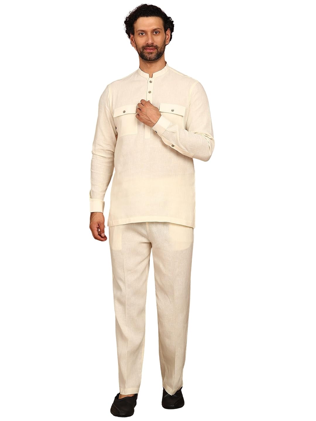 See Designs Men’s Full Sleeve Mandarin Collar Linen Solid Pathani Set See Designs Men’s Full Sleeve Mandarin Collar Linen Solid Pathani Set