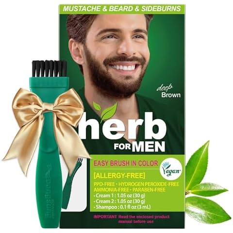 Herb For Men Mustache & Beard Dye (Deep Brown, 1 Pack), PPD-Free Ammonia-Free, Vegan with Natural Ingredients, Odorless, Gentle for Sensitive Skin, No Skin Irritation Cover