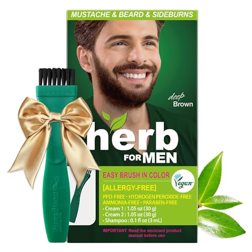 Herb For Men Mustache & Beard Dye (Deep Brown, 1 Pack), PPD-Free Ammonia-Free, Vegan with Natural Ingredients, Odorless, Gentle for Sensitive Skin, No Skin Irritation