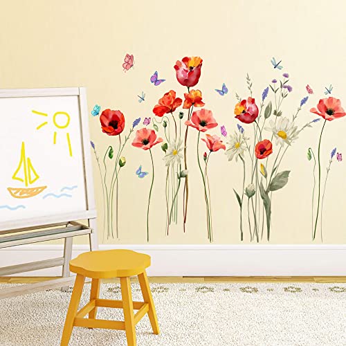 Runtoo Poppy Flowers Art Stickers Butterfly Floral Wall Decals for Living Room Bedroom Decor, 30cm x 90cm (12 inches x 36 inches) - Image 2