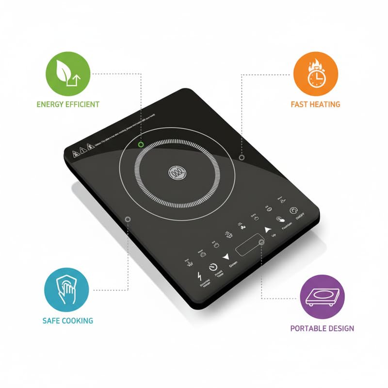Image of Drumstone (15 Years Warranty) 2000W Induction Cooktop with Toughened Glass Surface, Touch Control Panel, Fast Heating Electric Stove for Efficient Home Kitchen Cooking