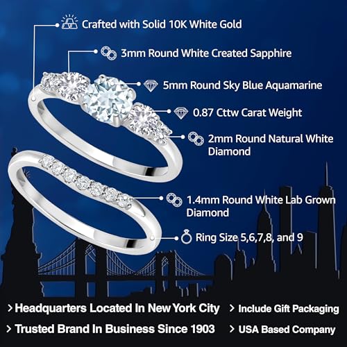 10K White Gold Sky Blue Aquamarine White Created Sapphire and White Lab Grown Diamond 5 Stone Bridal Engagement Wedding Ring Set For Women (0.87 Cttw, Round: 5MM and 3MM, Available in Size 5,6,7,8,9)2