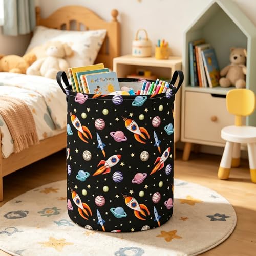 Image of Round Laundry Basket Collapsible Storage Hamper Organizer Planet Rocket | Waterproof Canvas Foldable Baskets with sturdy Handles Multi-scene Organizer for Home Play Bedroom Gift Bin