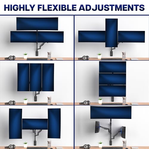 Image of VIVO Pneumatic Arm Triple Ultrawide Monitor Wall Mount for Up to 49 inch Screens with Height Adjustment, Heavy Duty, Holds 3 Ultra Wides Up to 35.2 lbs, Black, MOUNT-VW300D