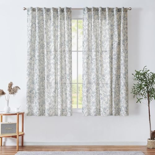 Rideaux en lin fleuris bleu et beige avec passants cachés TOPICK