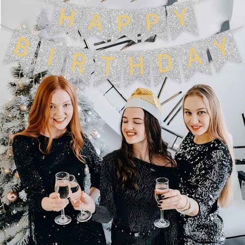 Image of Silver Happy Birthday Banner - 16 ft Pre-Strung Gold & Silver Birthday Party Decorations Sign for Girls, Boys, Kids, Women - No DIY Hanging Backdrop for Indoor & Outdoor Celebrations