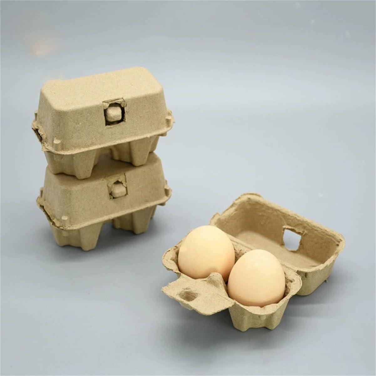 Pack 50 cajas de huevos de pulpa de papel de 2 espacios con cierre, envase biodegradable for venta granja, regalos, empaque de muestras y comercialización de huevos