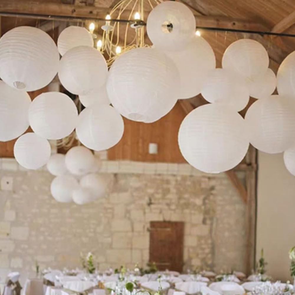 Vilanca 12Pcs Chinese Japanese White Round Hanging Paper Lanterns Assorted Size 6'' 8'' 10'' 12'' Wedding Party Decorations for Wedding Graduation Baby Shower Birthday Party Supplies