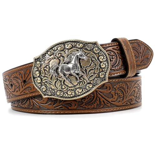 SANSTHS Cowboy Belt for Men Women Western Buckle Cowboy Cowgirl Embossed Leather Belt for Jeans Carnival Halloween Gifts Vintage Texas Galloping Horse Brwon M