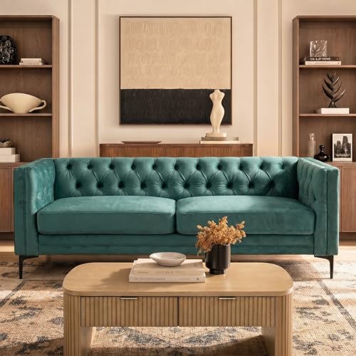 Image of HULALA HOME 84 inch W Faux Leather Sofa Couch with Metal Legs, Button-Tufted 3-Seater Sofa, Mid Century Modern Contemporary Upholstered Couch for Living Room, Entertainment Area, Apartment,Green