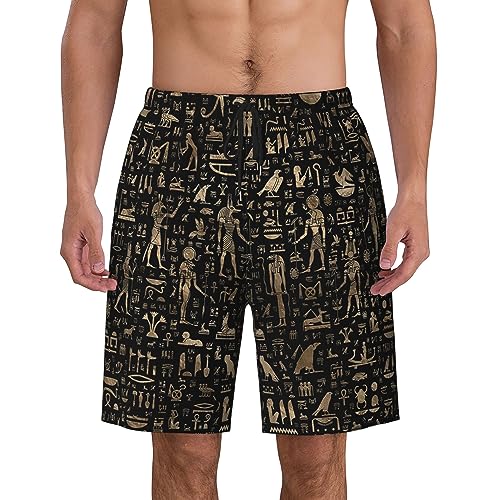 Ancient Egyptian Hieroglyphs Black Gold Mens Swim Trunks Quick Dry Swim Shorts Swimwear Bathing Suits with Pockets