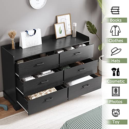 Ephex Mid-Century Modern Dresser With 6 Drawers, Wood Rustic Wide Chest Of Drawers, Storage Dressers Organizer For Bedroom, Living Room, Hallway, Black #TOP4