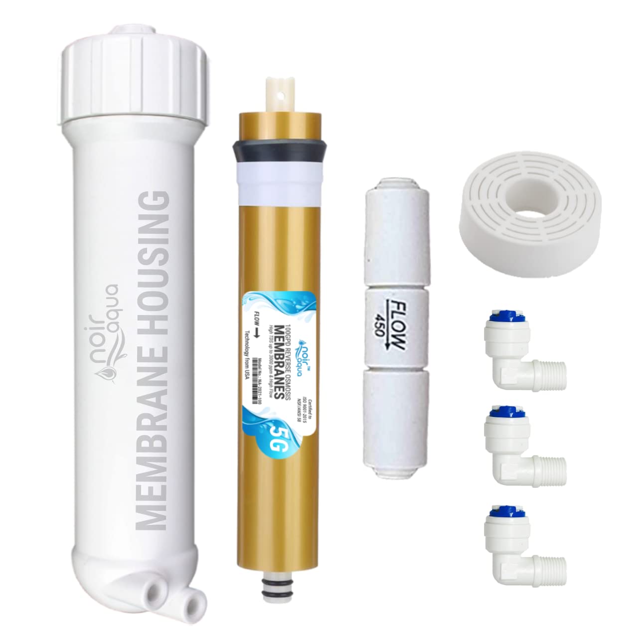Noir Aqua RO Membrane 100GPD with Housing, Antiscalant Doser and Flow Restrictor, Works Upto 3000 TDS, High Graded Sheets Suitable for All Kind of RO Water Purifier Filters. Longer Life & Stable Flow