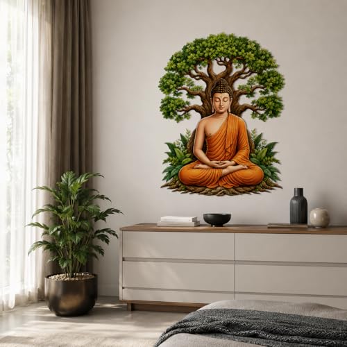 Image of Rangoli Buddha Wall Sticker Self-Adhesive 16 x 20.5 Inch Waterproof Wall Decor for Living Room Bedroom Office Meditation Buddha Tree Wall Decal