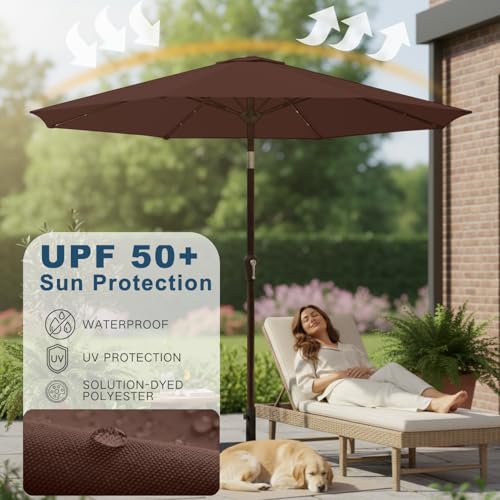 Image of 9' Solar LED Patio Umbrella with Tilt & Crank|8 Sturdy Ribs,UV Protection,Outdoor Market Table Umbrella for Deck,Lawn,Pool,Backyard(Brown)