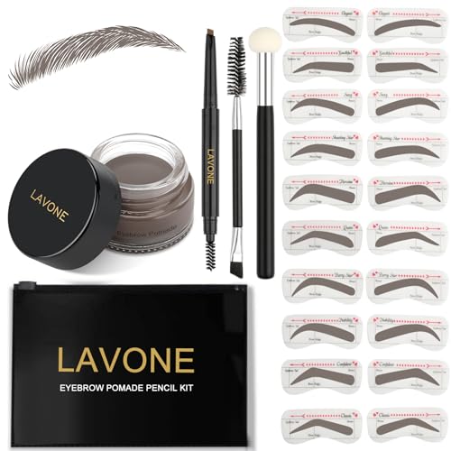 LAVONE Eyebrow Stamp Stencil Kit, Brow Stamp Trio Kit with Waterproof Eyebrow Pencil, Pomade, 20 Eyebrow Stencils, Dual-ended Eyebrow Brush and Sponge Applicator - Soft Brown