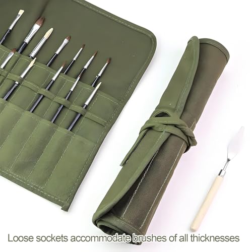 Miniatura 5 de Zerabidpro Bolsa Para Pinceles De Pintura, Capacidad Para 22 Pinceles, Para Acrílico, Aceite, Acuarela Y Gouache, Bolsa De Lona Enrollable Y Portátil, Color Verde, 40x33 Cm