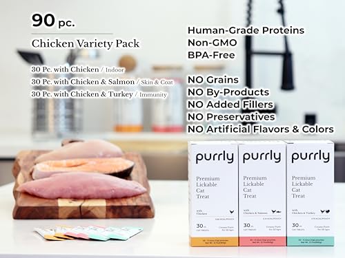 Image of Purrly Low Calorie Premium Lickable Cat Treat Topper Healthy Chicken Variety Bundle (90 Count) Human-Grade Protein with Functional Nutrients Wet Squeeze Creamy Puree Grain-Free Non-GMO Low-Phosphorus