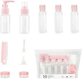 MEITREND Travel Bottles for Toiletries, 10 Pcs Airplane Travel Accessories Set, Refillable Travel Bottles Spray Portable Liquid Containers Refillable Plastic Leak Proof Air Travel Size(Pink)