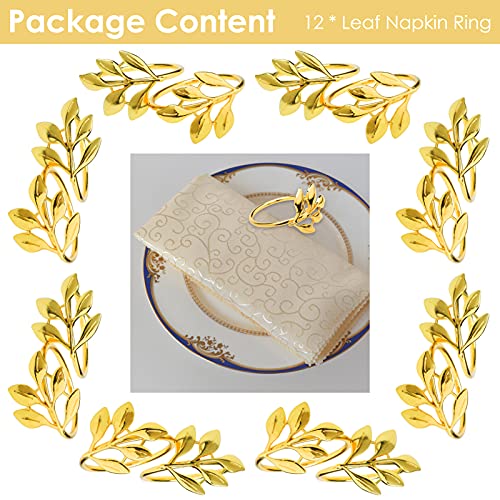 HOMOKUS Gold Napkin Rings Set of 12 Metal Fall Leaf Napkin Ring for Table Setting at Wedding Parties Holiday Daily Family Gathering, Dinner Table Decor