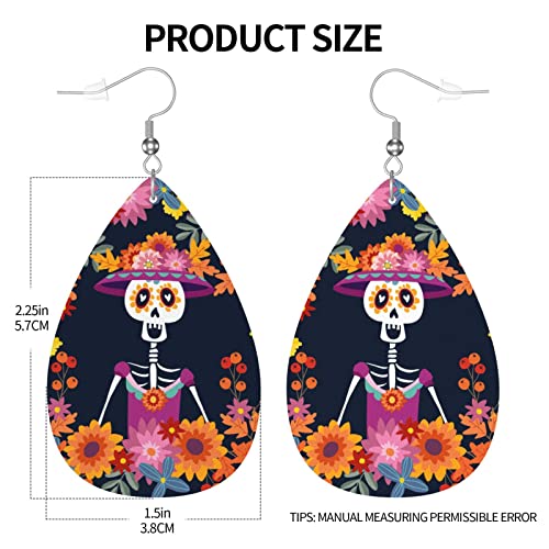 Dia De Los Muertos Mexican Day Skull Faux Leather Teardrop Earrings for Women Drop Dangle Earrings Gift4