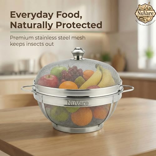 Image of 12 inch Large Fruit Basket for Dining Table | Premium Stainless Steel Fruit Basket with Lid | Multipurpose Mesh Organizer for Kitchen Dining & Home Decor(12 inch Large)