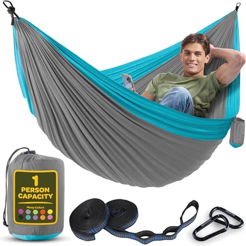 Image of Durable Hammock 400 lb Capacity, Nylon Camping Hammock Chair - Double or Single Sizes w /Tree Straps and Attached Carry Bag - for Travel /Backpacking /Beach /Backyard (Medium, Light Grey & Sky Blue)