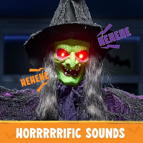 Image of JOYIN 72 inch Halloween Hanging Witch Decorations Outdoor, Flying Ghost Decor Green Face Life Size Sound Activated Light Up Eyes Party Supplies for Garden Haunted House Front Porch Door Scary Modern