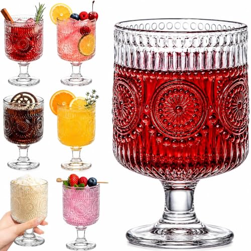 Pumtus Confezione da 6 calici vintage da 215,5 g in vetro floreale goffrato, bicchieri da vino romantici trasparenti, calici unici con motivo pressato, set di bicchieri misti per cocktail, succhi