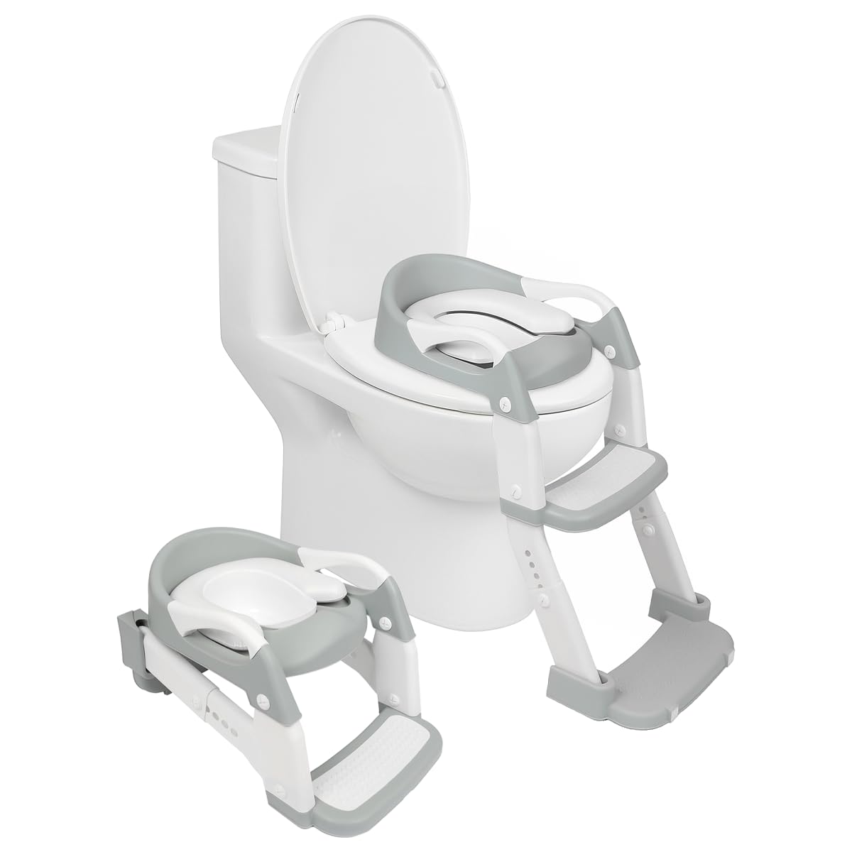 Harbour Housewares Adjustable 2-in-1 Potty Training Toilet Seat - White - 1x Toddler Kids Baby Child Foldable Bathroom Step Ladder Loo Trainer Stool with Handles, Soft Padded Chair