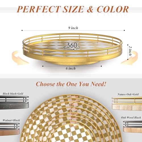 Image of 9 Inch Gold Lazy Susan Turntable Organizer, Kitchen Counter Spice Rack Organizer, Rotating Seasoning Tray for Cabinet Pantry, Farmhouse Round Decorative Serving Tray with Guard Rail