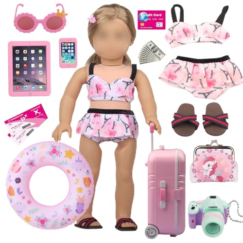 18 inch Girl Doll Accessories-Travel Luggage Play Set for 18 Inch Girl Dolls Include Case Doll Swimming Suit Ring Sunglasses Camera etc.