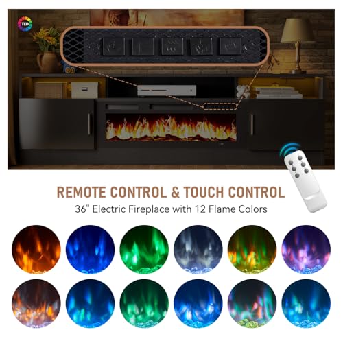 MXV 70\" Fireplace TV Stand with Power Outlet for TVs UP to 80\", Electric Fireplace Entertainment Center with LED Lights & Storage Cabinets, TV Console for Living Room, Office, Black-Black