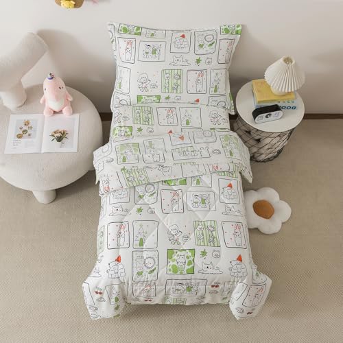Image of Caressma Twin Size Comforter Set 5 Pieces Bed-in-a-Bag,Soft Comforter Print Green Animals & Trees.Includes Comforter,Fitted Sheet,Flat Sheet,Pillow Case & Pillow Shame for Baby and Kids