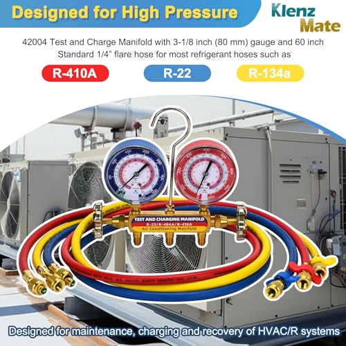Image of 2026 Upgrade 42004 Test and Charging Manifold for R-22 /404A /410A, 60 inch Hoses | HVAC Manifold Set with 3-1 /8 inch (80 mm) Dual Gauges, 1 /4 inch Standard Flare Fitting, HVAC Color-Coded Gauges Set, 2-Valve