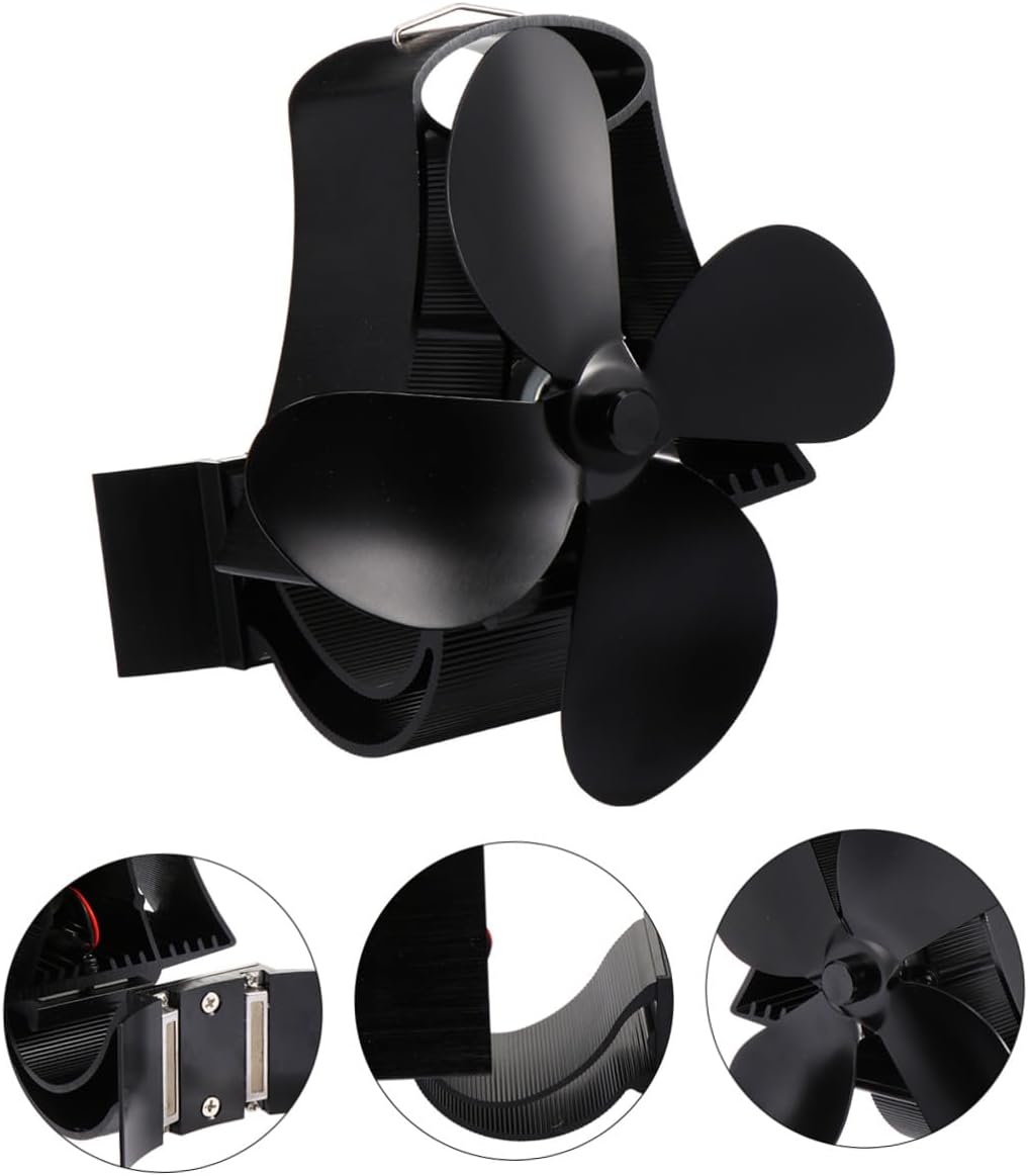 Thermal Power Fireplace Stove Fan with 4 Blades, Black Heat Powered Wood Burner Fan, Magnetic High-temperature Motor for Efficient Heat Circulation
